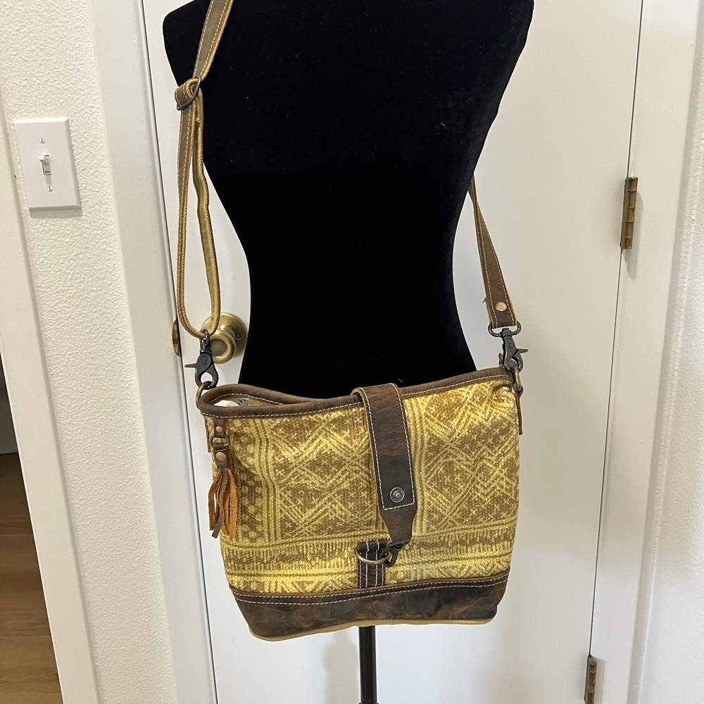 Myra Bag Canvas & Leather Boho Crossbody with Tribal Woven Front